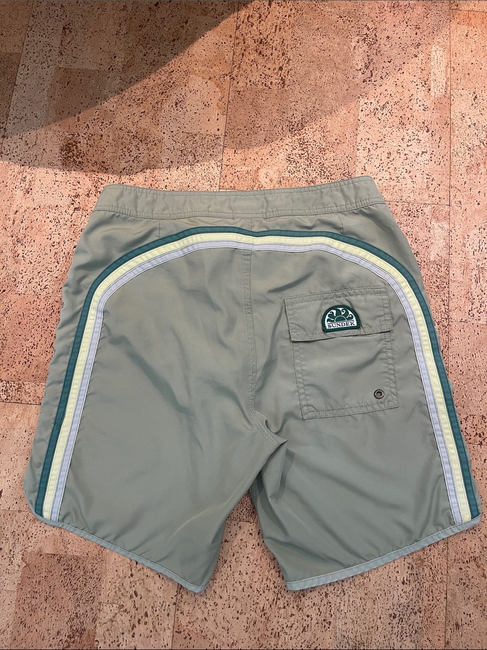 Sundek Men's Sage Green Swim Trunks with Teal, Yellow & White Stripes
